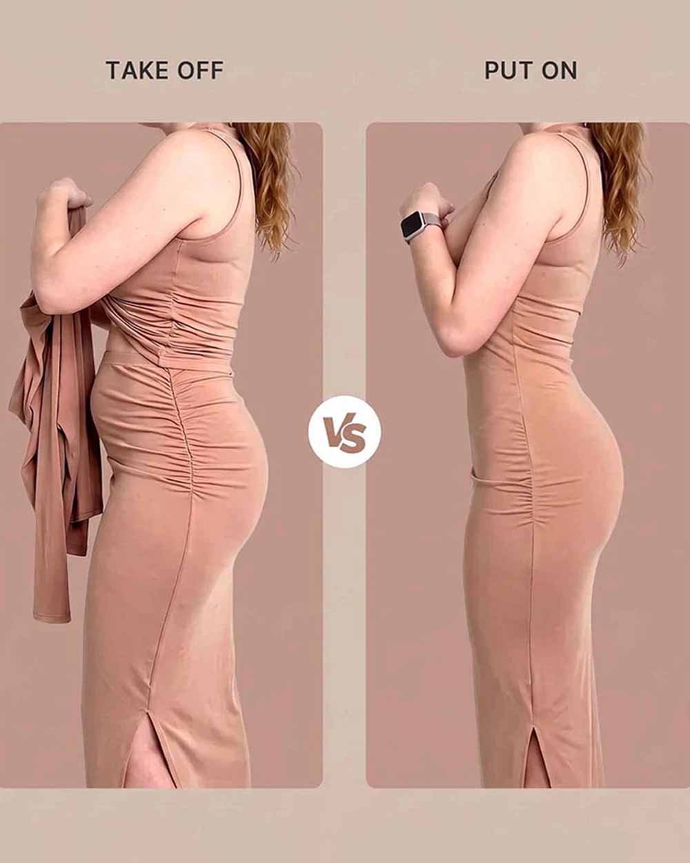 Side-by-side comparison showing a woman wearing a ruched bodycon dress, with the left panel labeled TAKE OFF showing the dress being removed, and the right panel labeled PUT ON showing the dress fitted on. The dress is a dusty rose pink color.