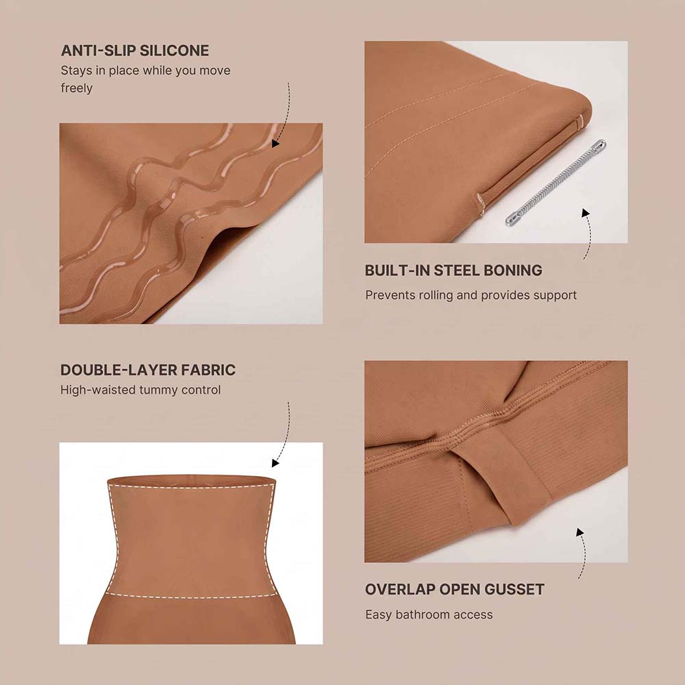 Four-panel product feature graphic showing a tan/tan-tinted tummy control garment detail: anti-slip silicone, built-in steel boning, double-layer fabric, and an overlap open gusset, with text callouts on a beige background.
