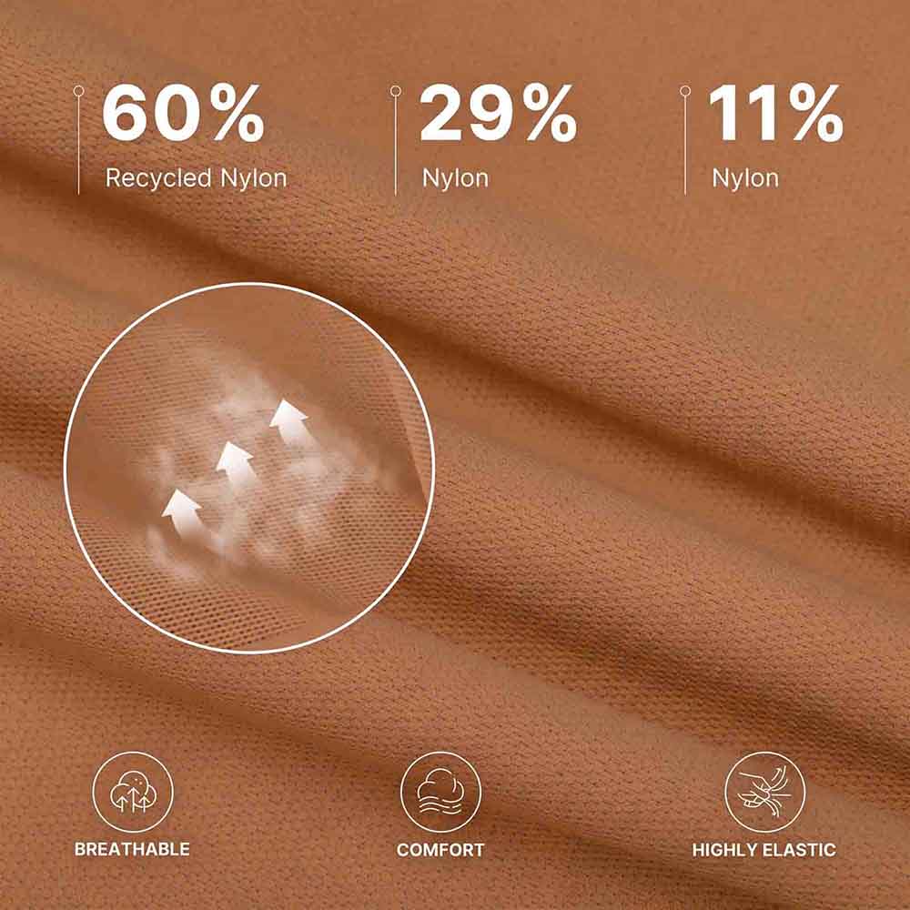 A close-up of brown nylon fabric with text overlays showing material composition: 60% recycled nylon, 29% nylon, and 11% nylon. A circular inset highlights the breathable mesh texture with white arrows, and icons at the bottom mention breathable, comfortable, and highly elastic properties.
