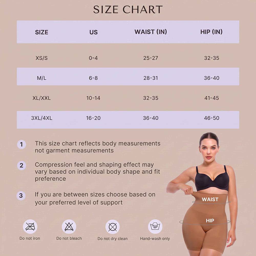 Size chart table for leggings with waist and hip measurements by size, plus a model wearing the leggings on a beige background with care icons at the bottom.