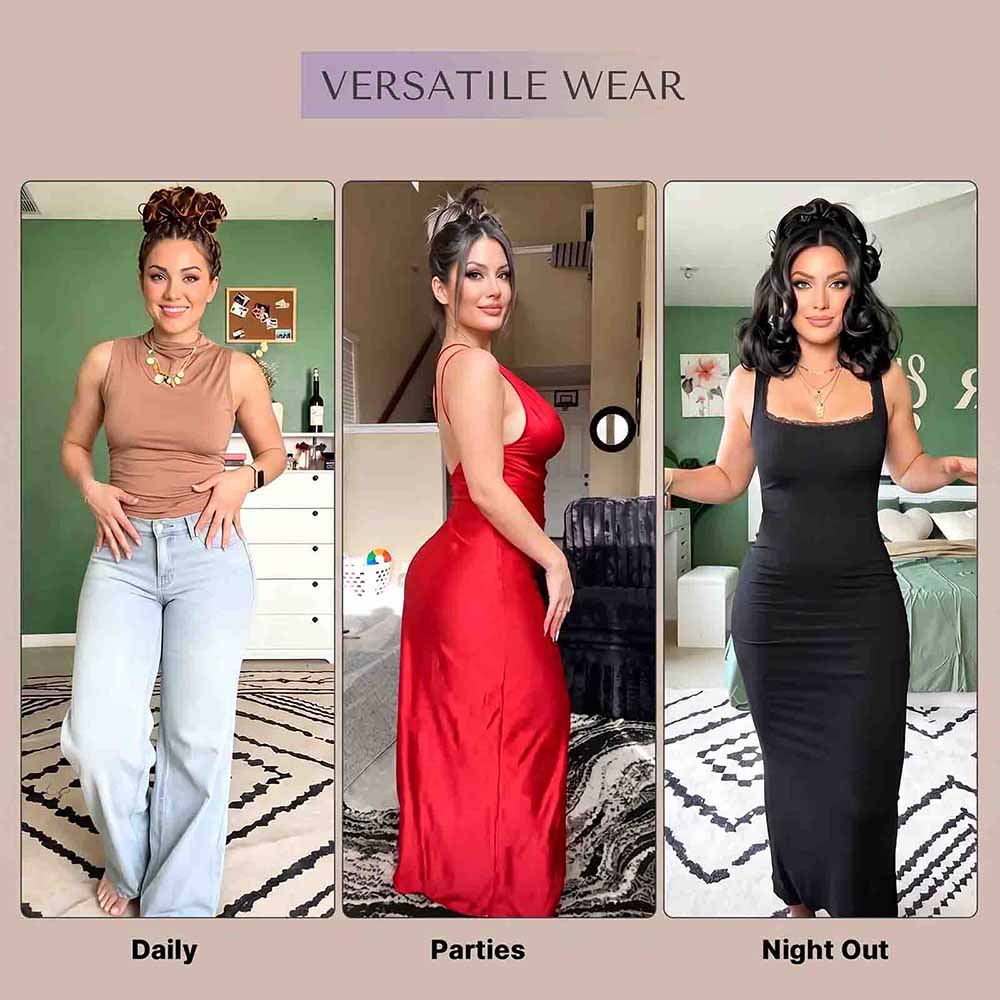 A three-panel comparison graphic titled 'VERSATILE WEAR' showing the same woman modeling three different outfits: a tan sleeveless top with light blue jeans for 'Daily', a red sleeveless maxi dress for 'Parties', and a black sleeveless maxi dress for 'Night Out'.