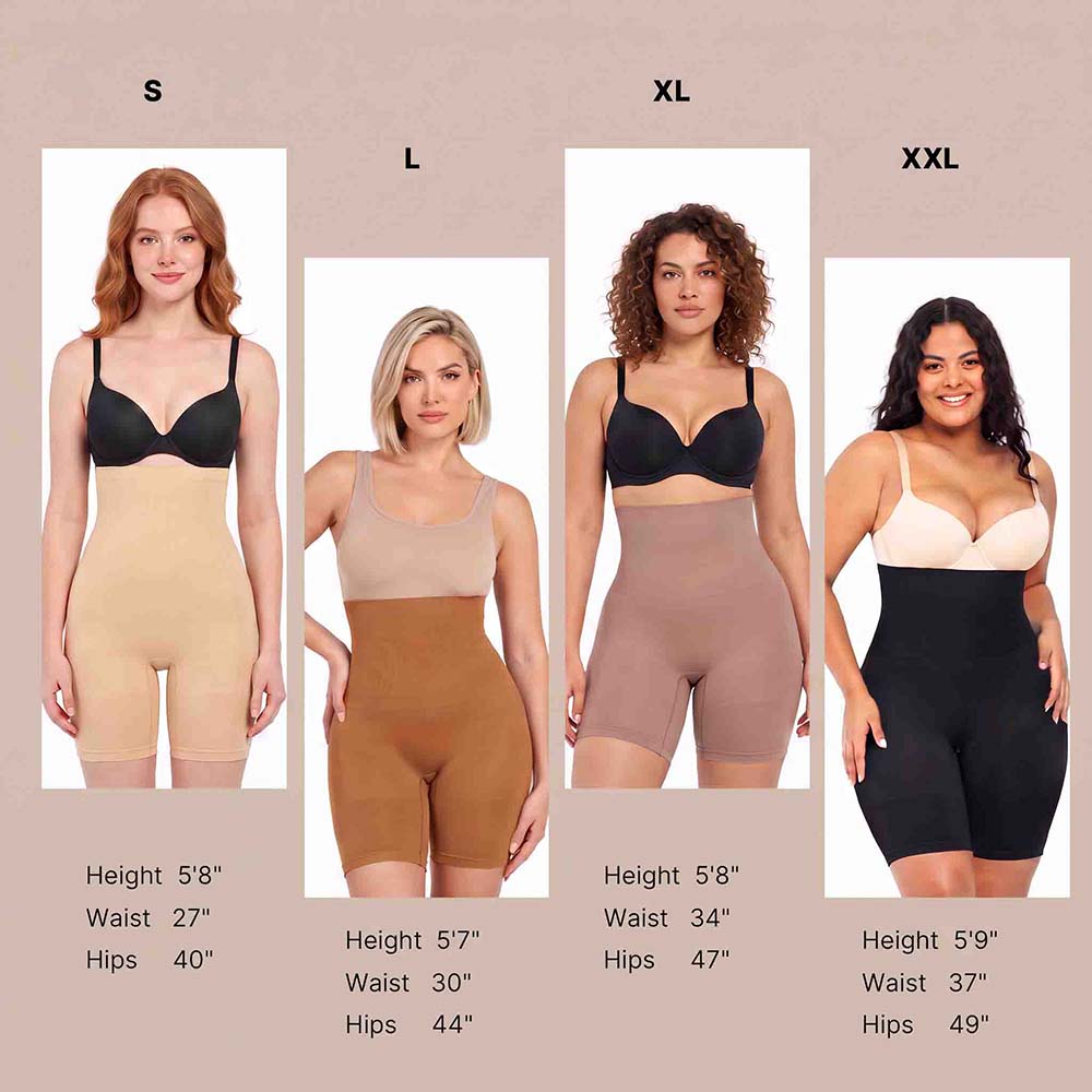 Size chart graphic showing four models wearing shapewear briefs in different sizes (S, L, XL, XXL) against a beige background, with height, waist, and hip measurements listed below each model.