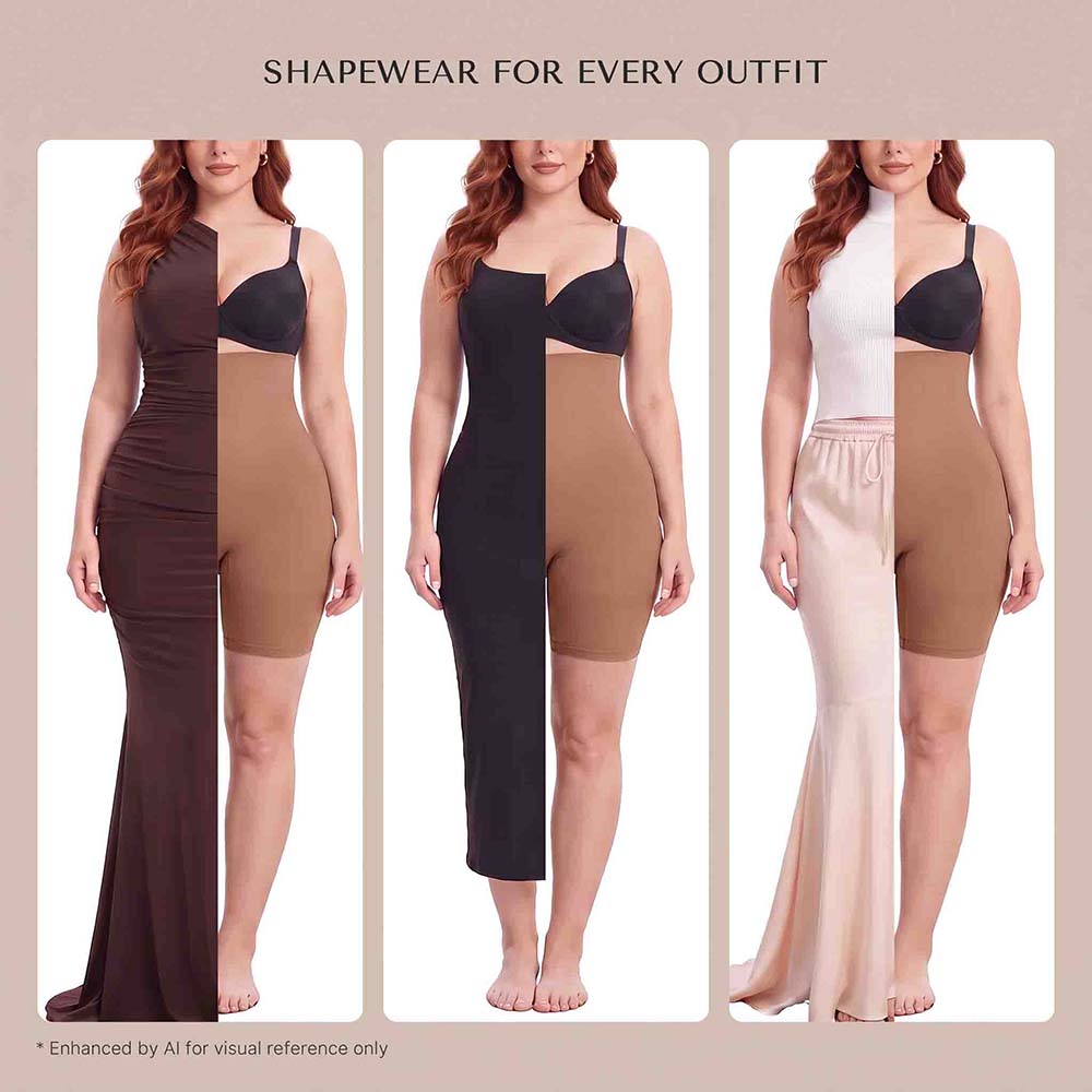 Three side-by-side panel views of a plus-size model wearing shapewear shorts and undergarments in different colorways: dark brown, black, and white with tan/beige shapewear. Text at the top reads 'SHAPEWEAR FOR EVERY OUTFIT'.