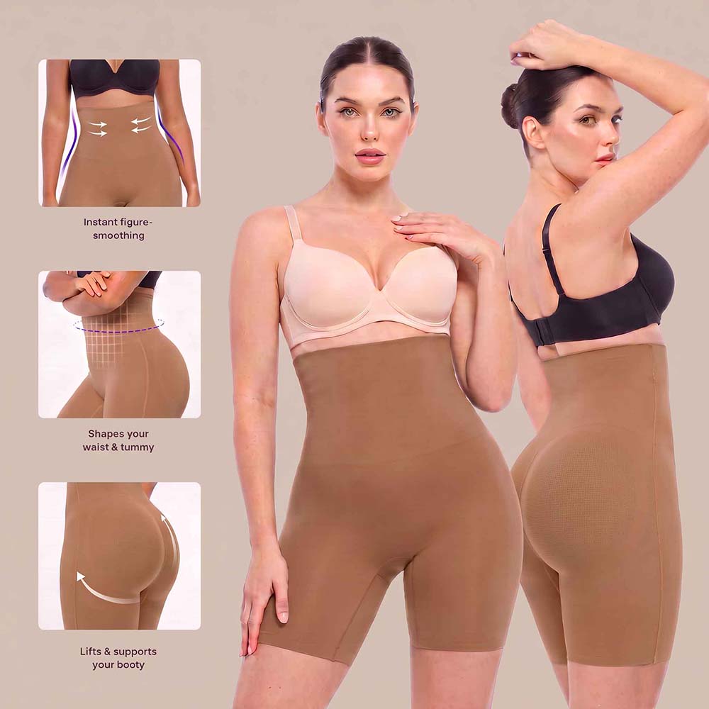 A woman modeling a beige high-waisted shapewear brief against a plain beige background, with two inset panels showing feature callouts: instant figure-smoothing and shaping of the waist and tummy. The model is shown front and back, wearing a black bra in the inset views.